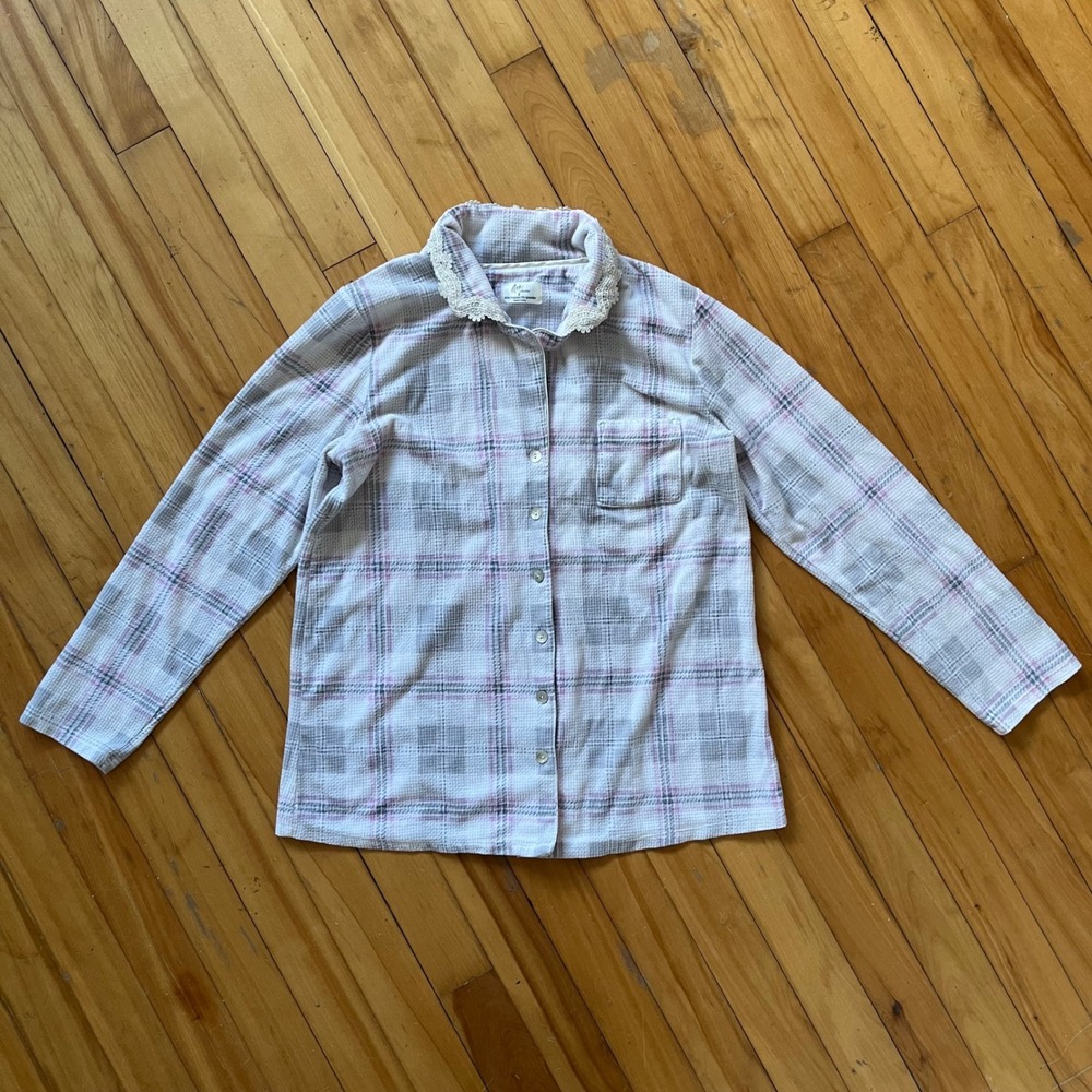 Aria Collection Womens Pajama Top Sleep Shirt Plaid Lace Collar Size S